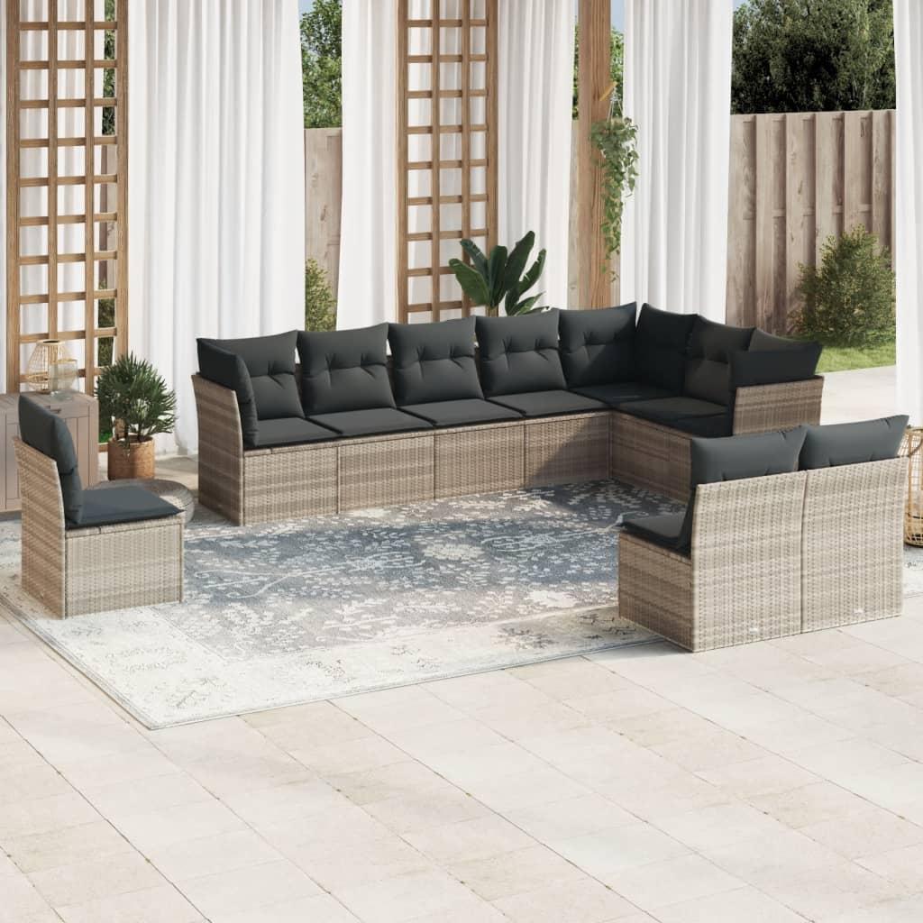 Sofasæt til haven 10 dele med hynder polyrattan lysegrå