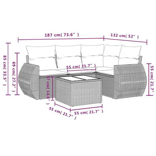 Sofasæt 5 dele med hynder polyrattan lysegrå