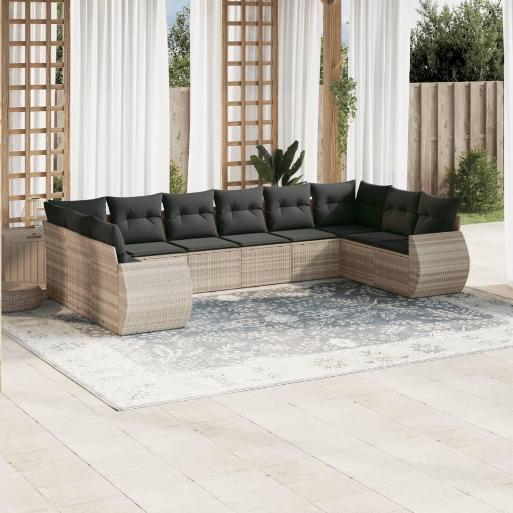 Sofasæt til haven 10 dele med hynder polyrattan lysegrå