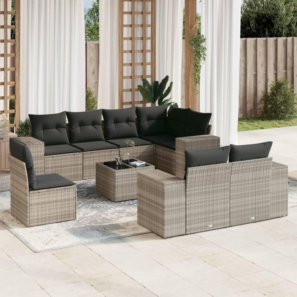 Sofasæt til haven 9 dele med hynder polyrattan lysegrå