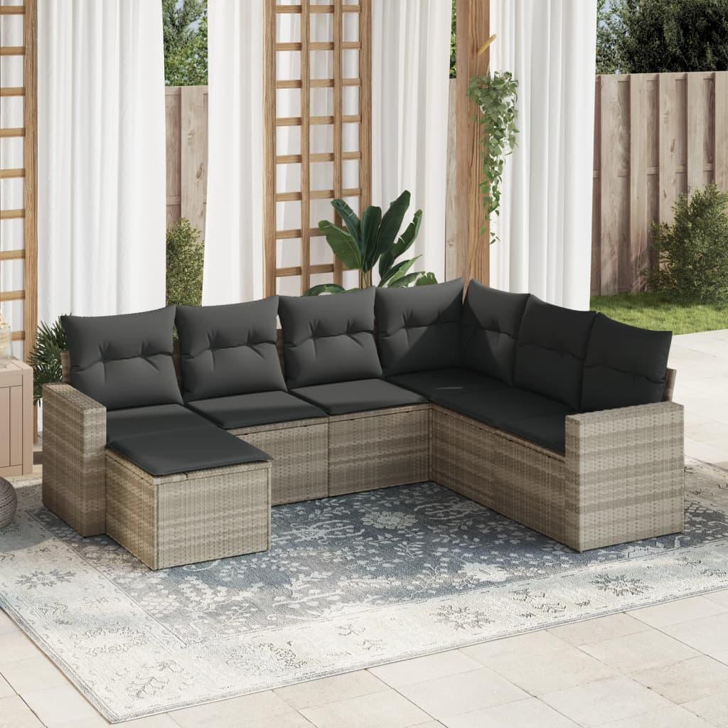 Sofasæt til haven i polyrattan, 7 dele med hynder - lysegrå