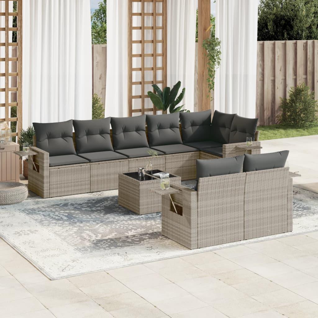 Sofasæt til haven 9 dele med hynder polyrattan lysegrå billede