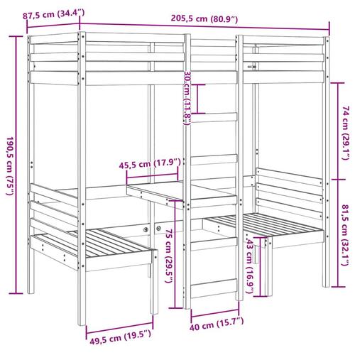 Højseng med skrivebord og stole 80x200 cm massivt fyrretræ