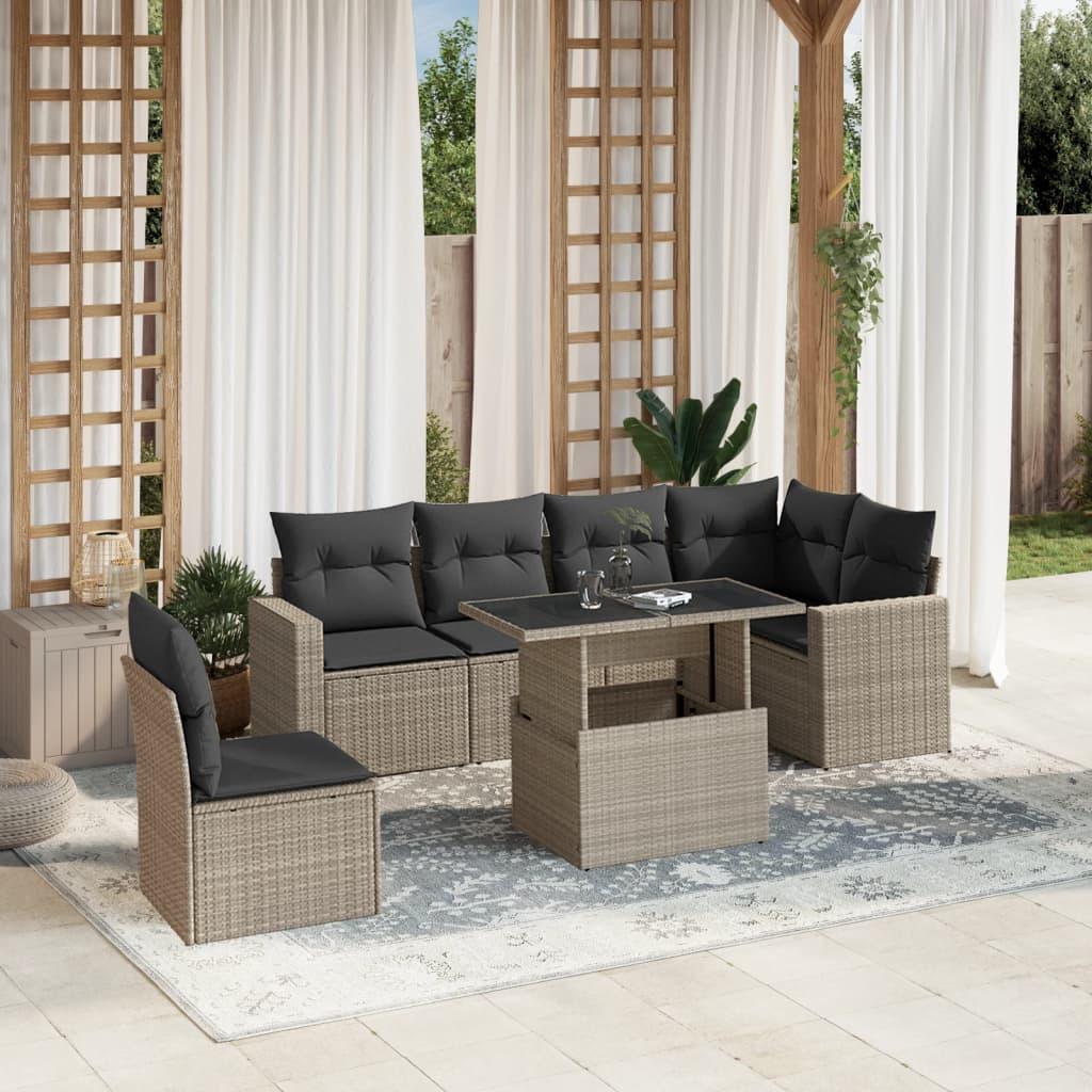 Sofasæt til haven 7 dele med hynder polyrattan lysegrå billede