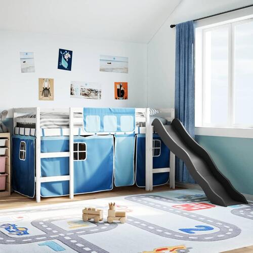 Højseng med gardiner 80x200 cm massivt fyrretræ blå