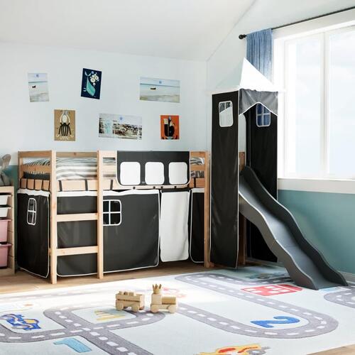 Højseng med tårn 80x200 cm massivt fyrretræ hvid og sort