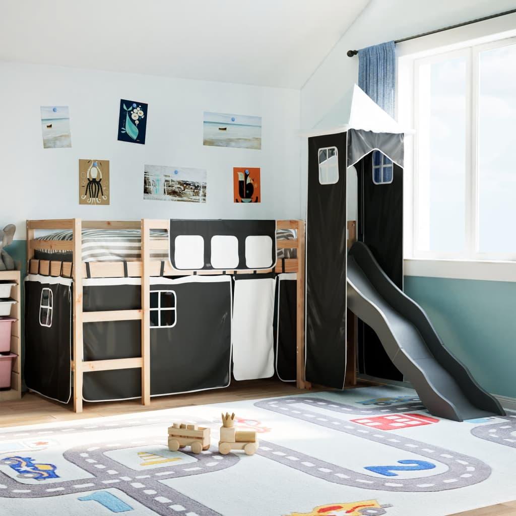 Højseng med tårn 80x200 cm massivt fyrretræ hvid og sort