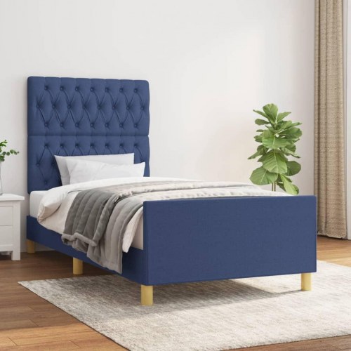Sengeramme med sengegavl 100×200 cm - stof, blå