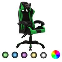 Gamingstol m. LED-lys RGB-farver kunstlæder grøn og sort