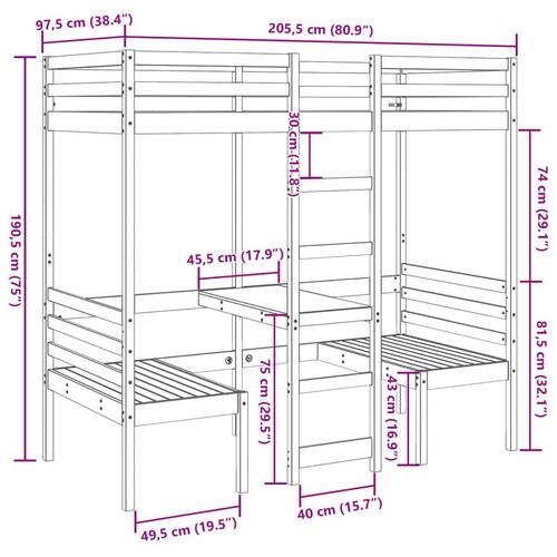 Højseng med skrivebord og stole 90x200 cm massivt fyrretræ hvid