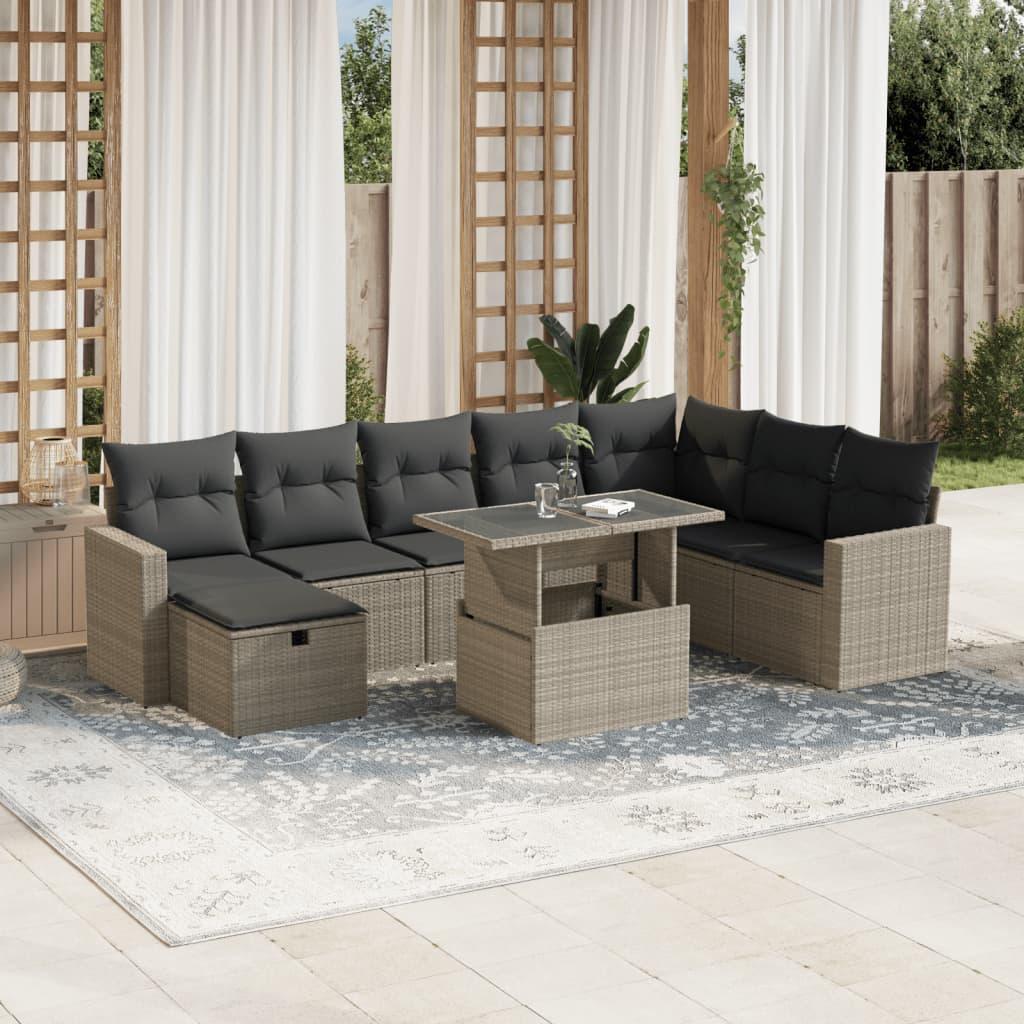 Sofasæt til haven 9 dele med hynder polyrattan lysegrå