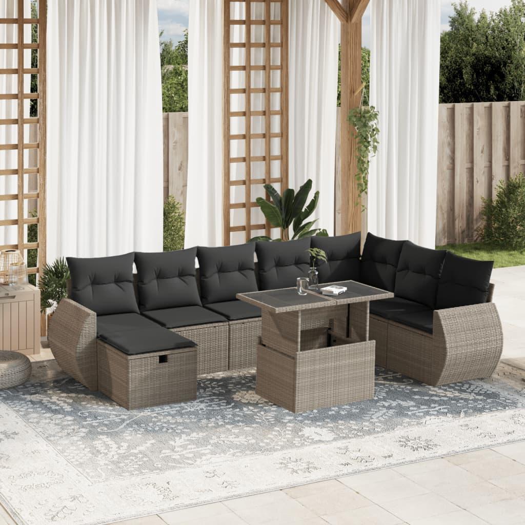 Sofasæt til haven 9 dele med hynder polyrattan lysegrå
