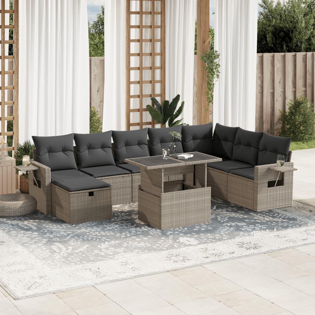 Sofasæt til haven 9 dele med hynder polyrattan lysegrå