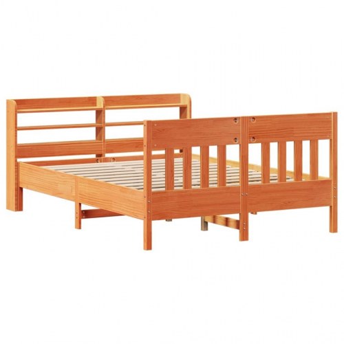 Sengeramme 140x190 cm i massivt fyrretræ - gyldenbrun med hovedgærde og hylder