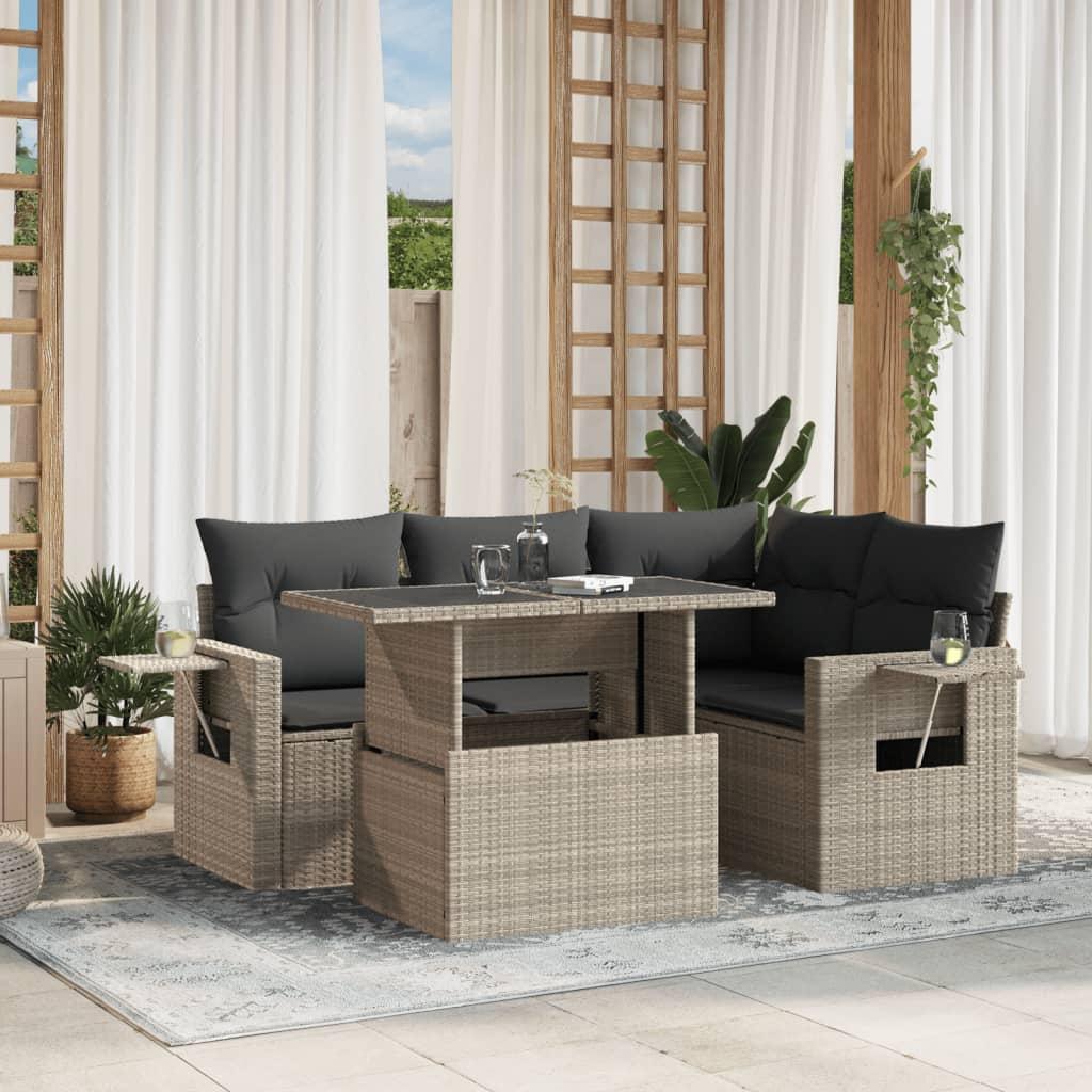 Sofasæt 5 dele med hynder polyrattan lysegrå