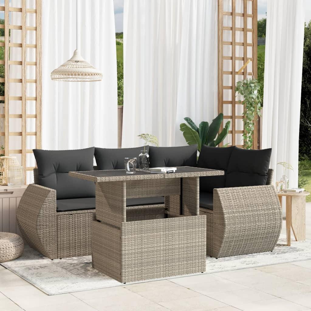 Sofasæt 5 dele med hynder polyrattan lysegrå