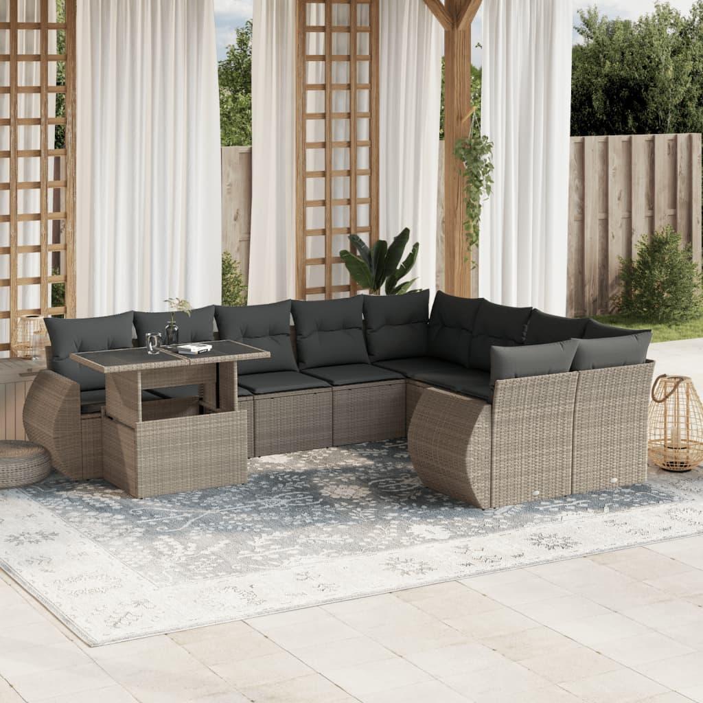 Havesofasæt 10 dele med hynder i polyrattan - lysegrå