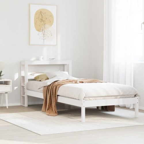 Sengeramme 90x200 cm i massivt fyrretræ - hvid med hylde-gavl