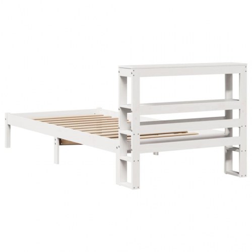 Sengeramme 90x200 cm i massivt fyrretræ - hvid med hylde-gavl