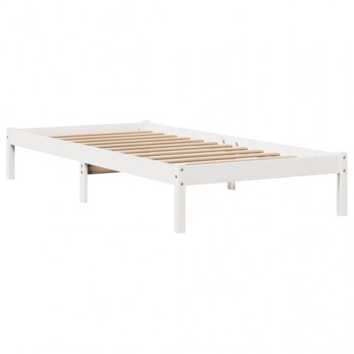 Sengeramme 90x200 cm i massivt fyrretræ - hvid med hylde-gavl