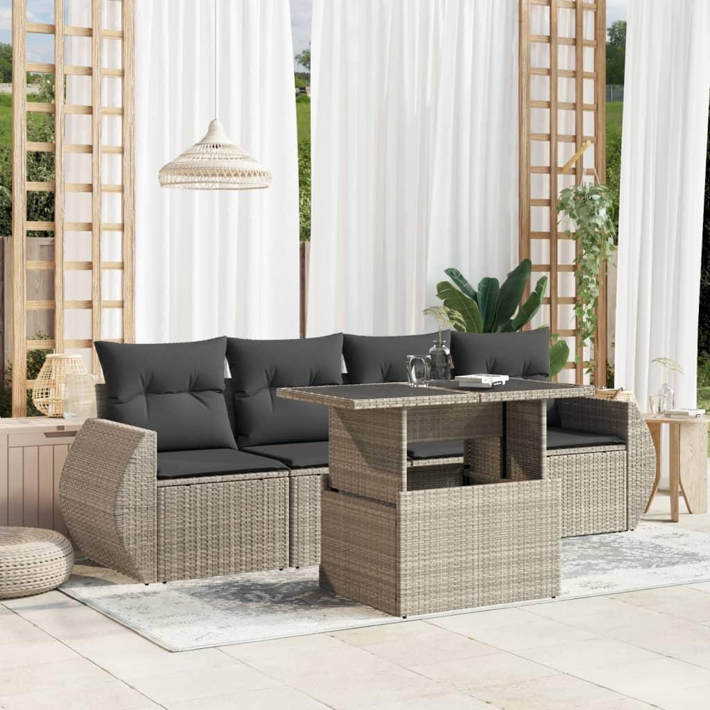 Sofasæt 5 dele med hynder polyrattan lysegrå