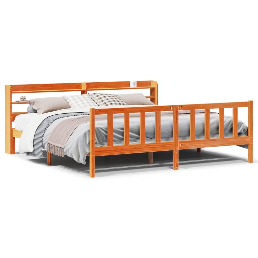 Sengeramme med sengegavl 200x200 cm massivt fyrretræ gyldenbrun
