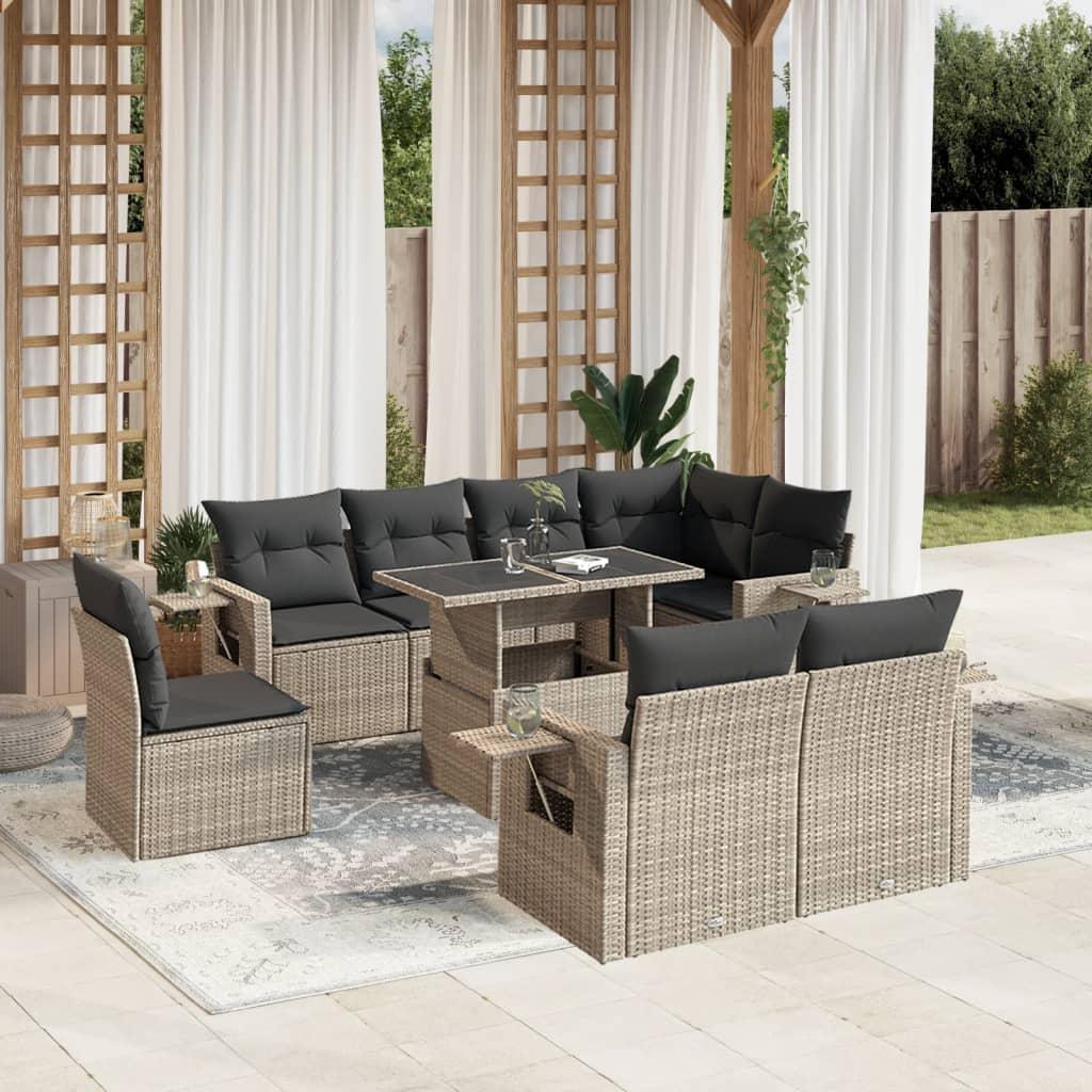 Sofasæt til haven 9 dele med hynder polyrattan lysegrå