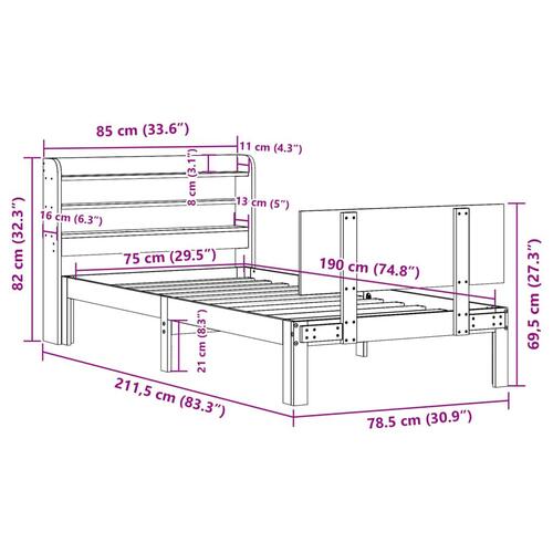 Sengeramme med sengegavl 75x190 cm massivt fyrretræ
