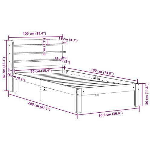 Sengeramme med sengegavl 90x190 cm massivt fyrretræ