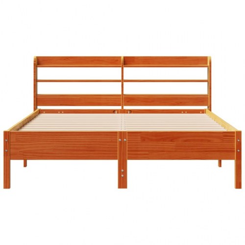 Sengeramme 140x190 cm i massivt fyrretræ - gyldenbrun med hovedgærde og hylder