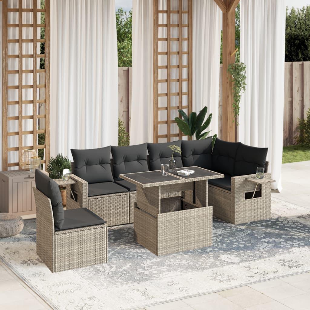 Sofasæt til haven 7 dele med hynder polyrattan lysegrå billede
