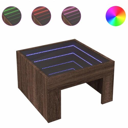 Sofabord med Infinity LED-lys 50x50x30 cm brun egetræsfarve