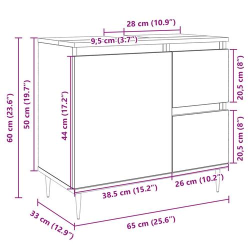 Underskab til badeværelse 65x33x60 cm konstrueret træ sonoma-eg