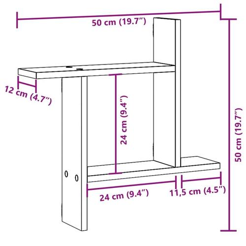 Væghylder 2 stk. 50x12x50 cm konstrueret træ brun egetræsfarve