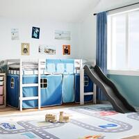 Højseng med gardiner 90x200 cm massivt fyrretræ blå