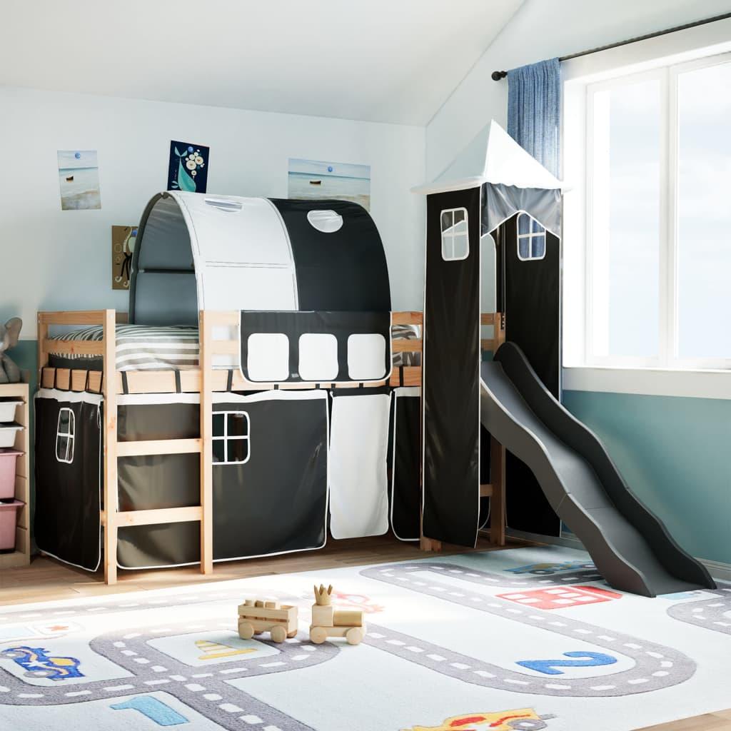 Højseng med tårn 90x200 cm massivt fyrretræ hvid og sort