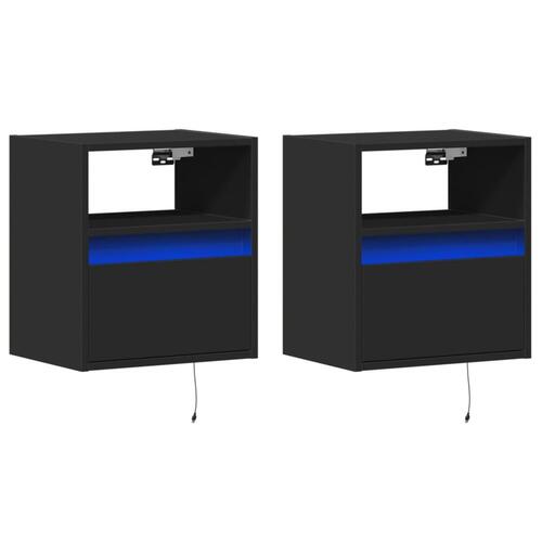 Væghængte sengeborde 2 stk. med LED-lys sort