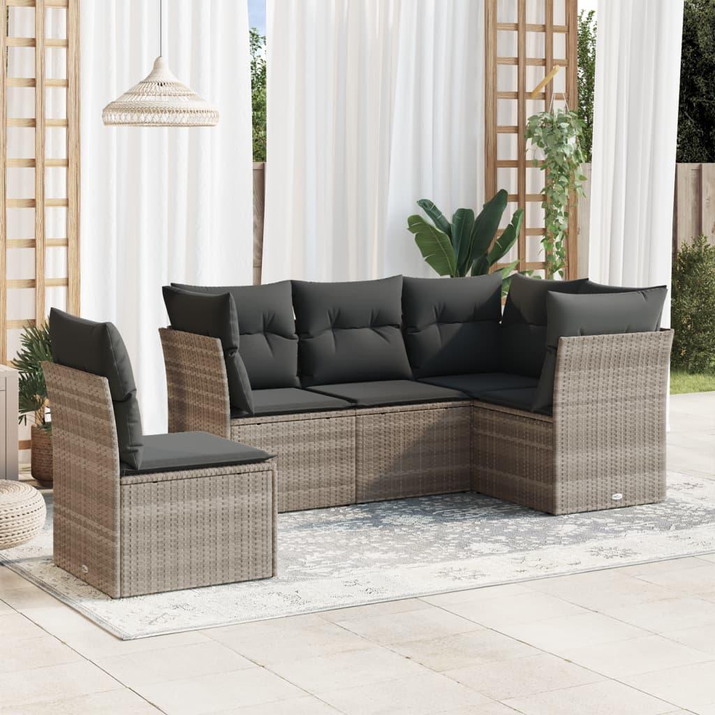 Sofasæt 5 dele med hynder polyrattan lysegrå