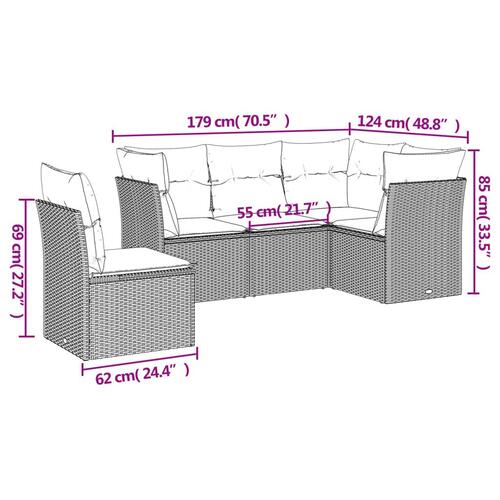Sofasæt 5 dele med hynder polyrattan lysegrå