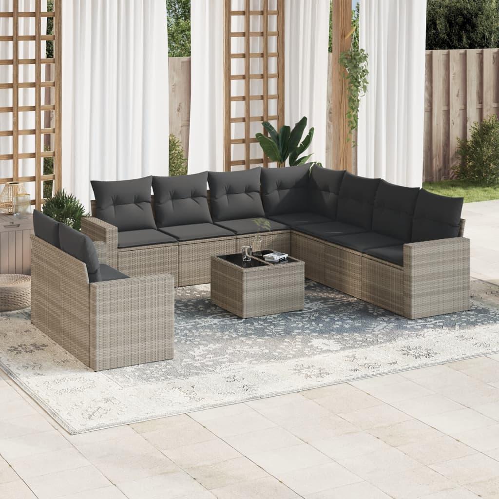 Sofasæt til haven 10 dele med hynder polyrattan lysegrå