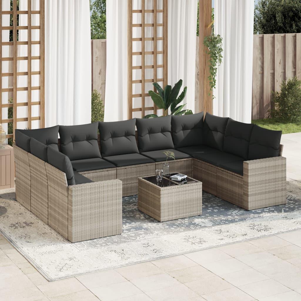 Sofasæt til haven 10 dele med hynder polyrattan lysegrå
