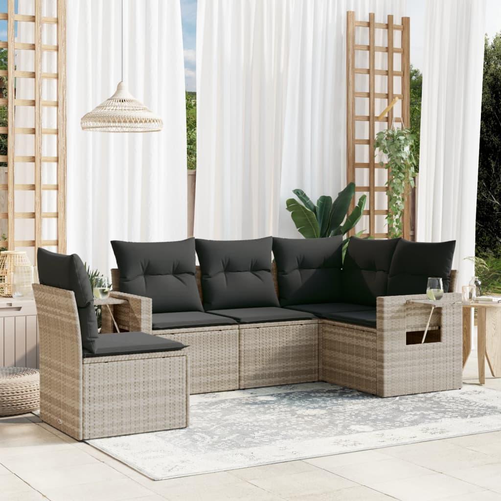 Sofasæt 5 dele med hynder polyrattan lysegrå