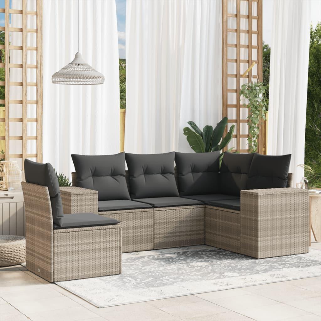 Sofasæt 5 dele med hynder polyrattan lysegrå