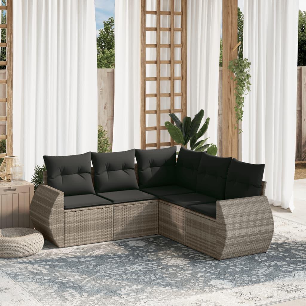 Sofasæt 5 dele med hynder polyrattan lysegrå