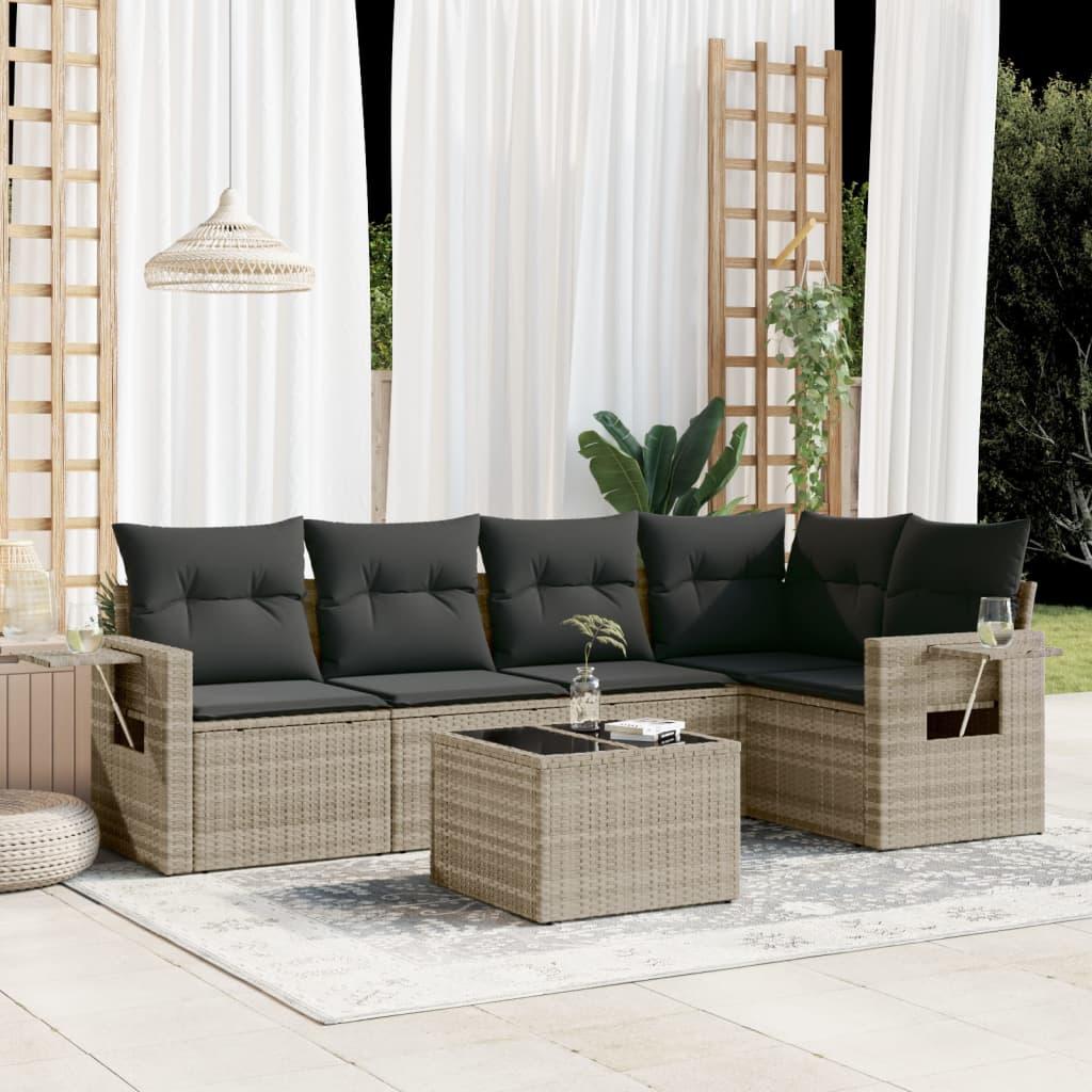 Sofasæt til haven 6 dele med hynder polyrattan lysegrå