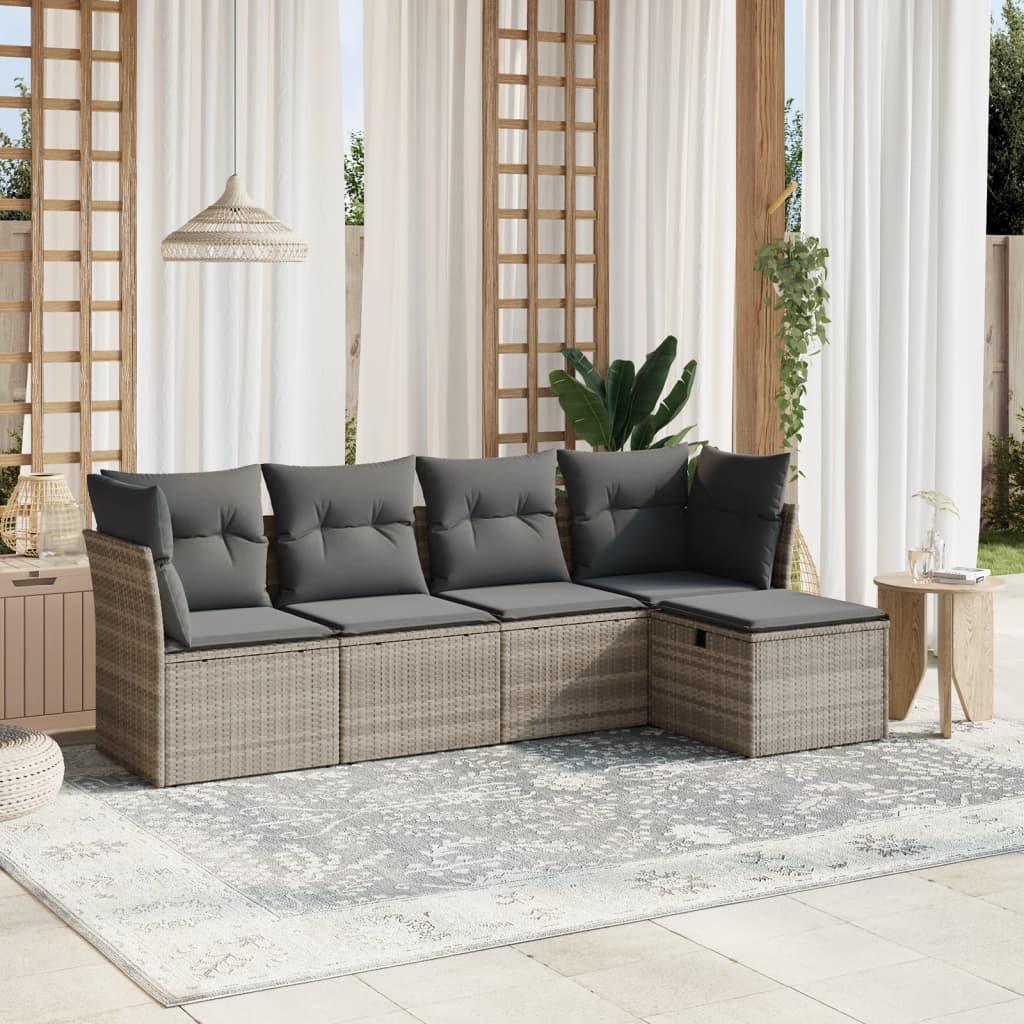 Sofasæt 5 dele med hynder polyrattan lysegrå