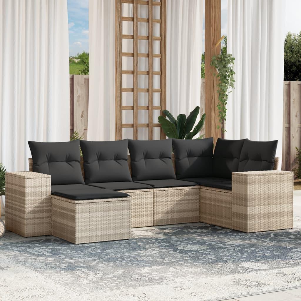 Sofasæt til haven 6 dele med hynder polyrattan lysegrå