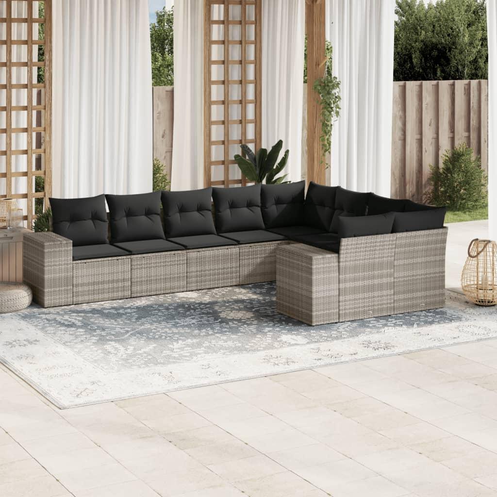 Sofasæt til haven 9 dele med hynder polyrattan lysegrå