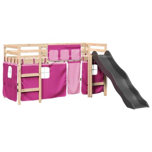 Højseng med gardiner 90x190 cm massivt fyrretræ pink