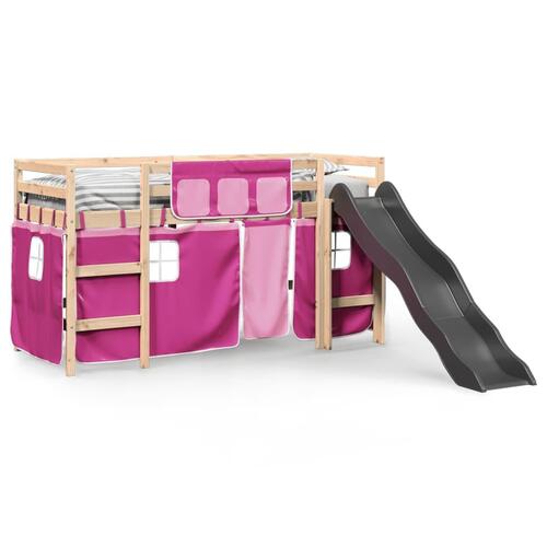 Højseng med gardiner 90x190 cm massivt fyrretræ pink